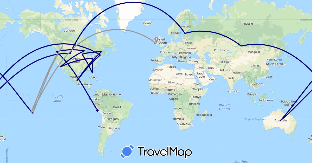 TravelMap itinerary: driving, plane in Australia, Canada, Estonia, France, Ireland, Mexico, Peru, United States (Europe, North America, Oceania, South America)